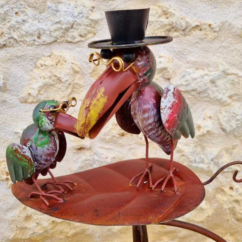 Gartenmobilé mit Wippe auf Stab, Motive Zwei Raben auf einem Blatt aus Eisen und Glas, 15x30x158 cm