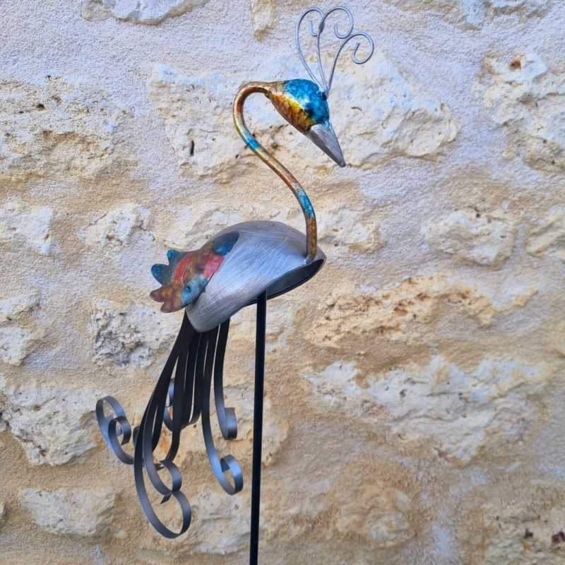 Pfau-Gartenstecker aus Metall – bunt, H 103 cm