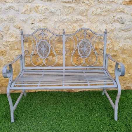 Zweisitzige Gartenbank aus Schmiedeeisen und Gusseisen mit Patina