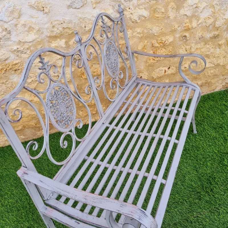 Zweisitzige Gartenbank aus Schmiedeeisen und Gusseisen, patiniert, Draufsicht