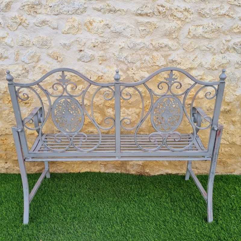 Zweisitzige Gartenbank aus Schmiedeeisen und Gusseisen mit Patina, Gesamtansicht