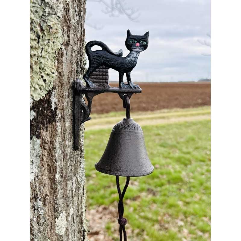 Wandglocke mit schwarzer Katze aus Gusseisen und langem Zugseil