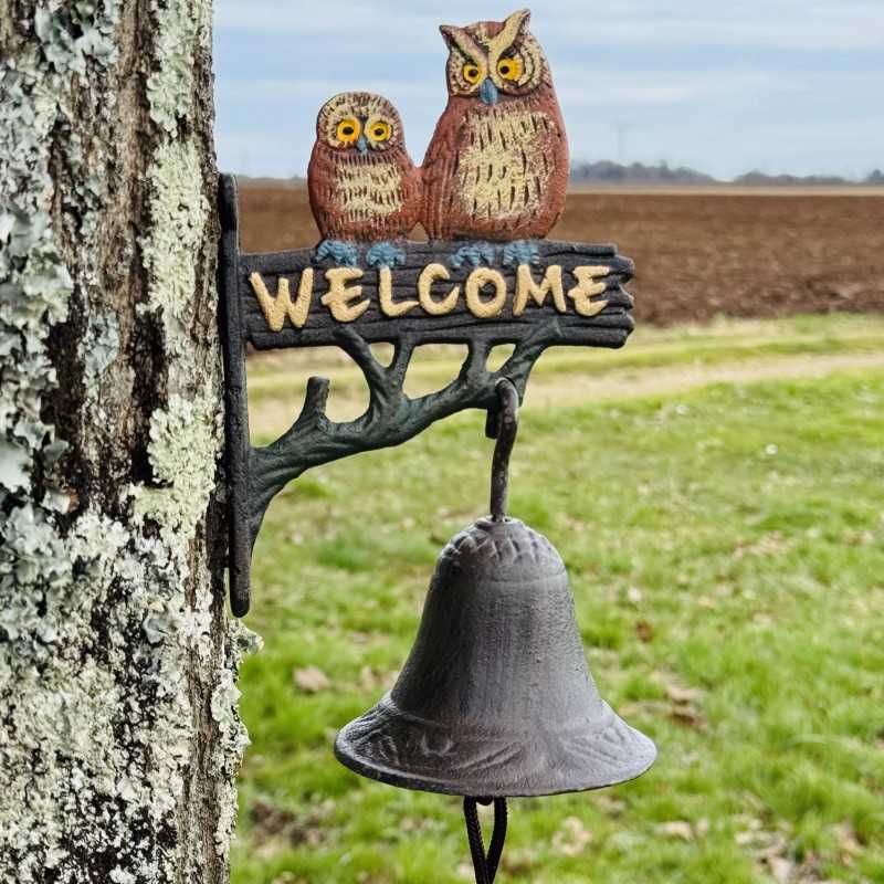Wandglocke aus Gusseisen mit Eulen und „Welcome“ – Origineller Blickfang und herzlicher Empfang