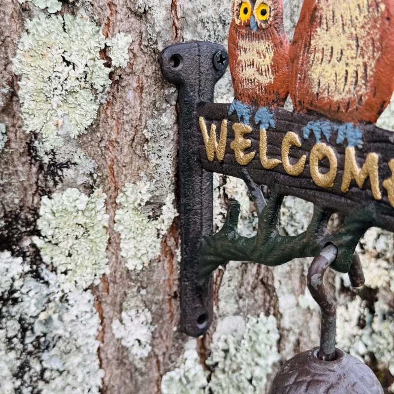 Wandglocke aus Gusseisen mit Eulen und „Welcome“ – Origineller Blickfang und herzlicher Empfang, Ansicht der 3 Befestigungspunkt