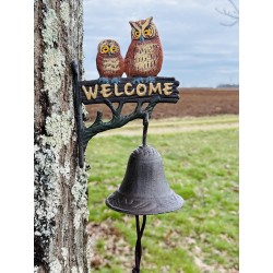 Wandglocke Eulen „Welcome“ aus Gusseisen | Freundliche und farbenfrohe Gartendekoration