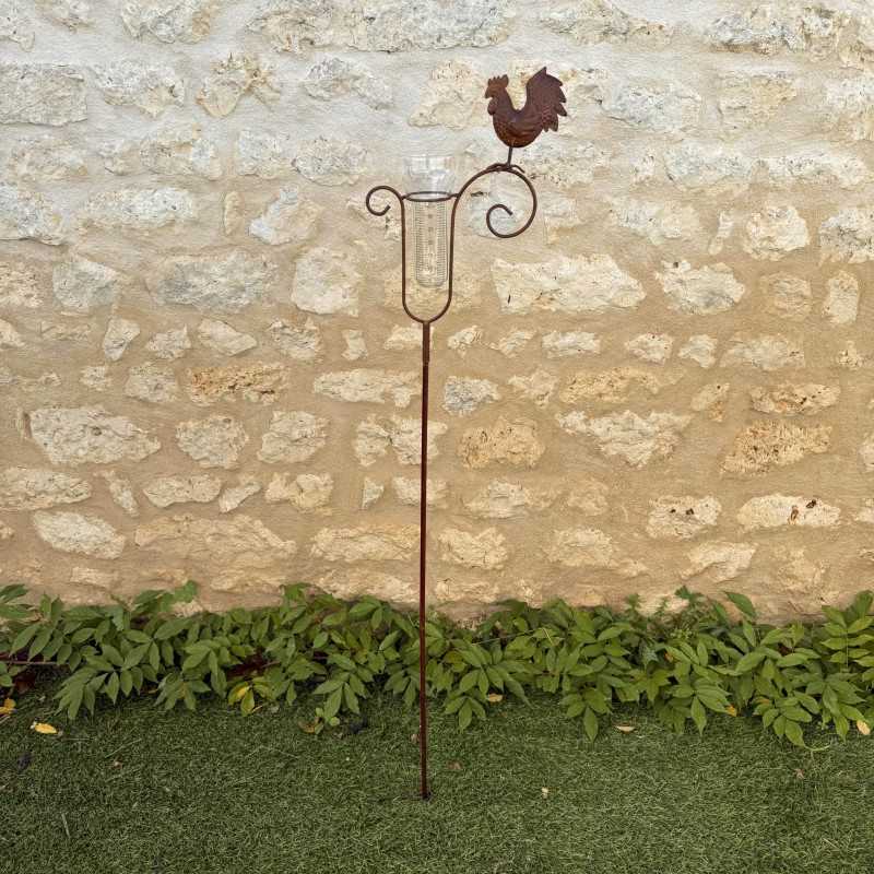 Dekorativer Regenmesser Hahn aus patiniertem Metall – 132 cm – Messglas 35 mm – Lézard du Jardin