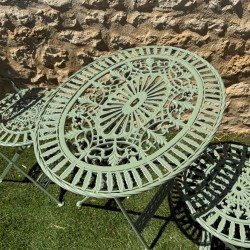 Salon de jardin pliable en fer et fonte – Style vintage patiné vert | Lézard du Jardin