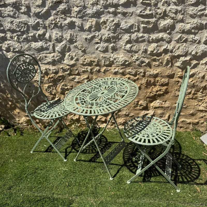 Salon de jardin pliable en fer et fonte – Style vintage patiné vert | Lézard du Jardin