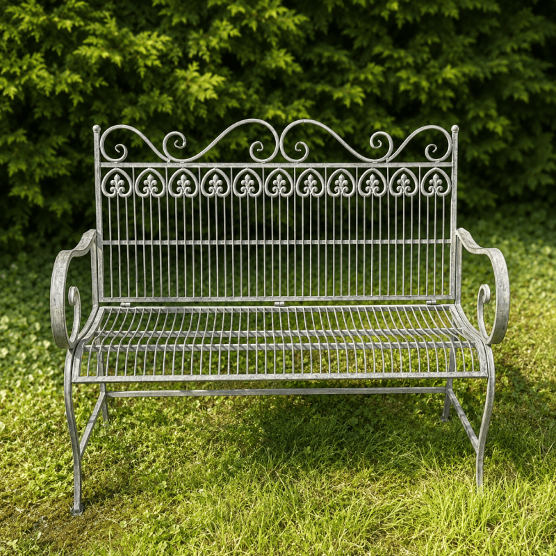 Gartenbank aus Metall mit Grünspan-Patina im Antikstil