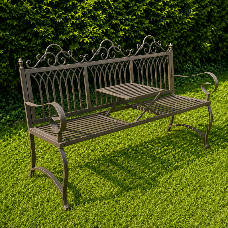 Gartenbank mit hochgeklapptem Mitteltisch aus Metall