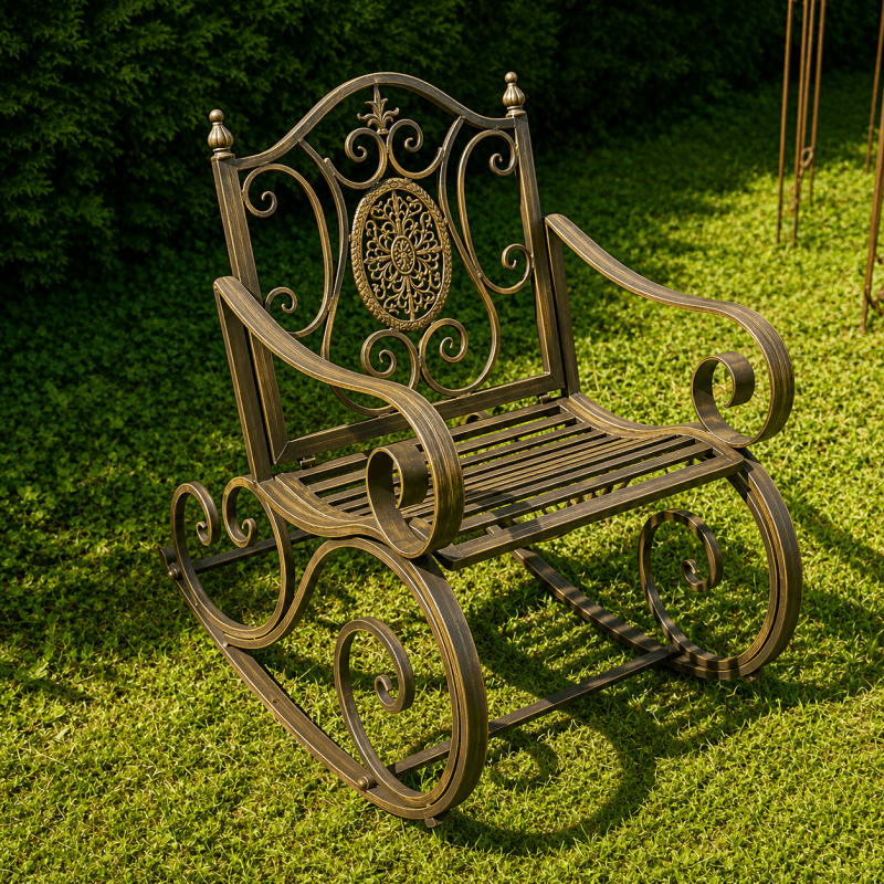 Garten-Schaukelstuhl aus Metall mit Gusseisenmedaillon