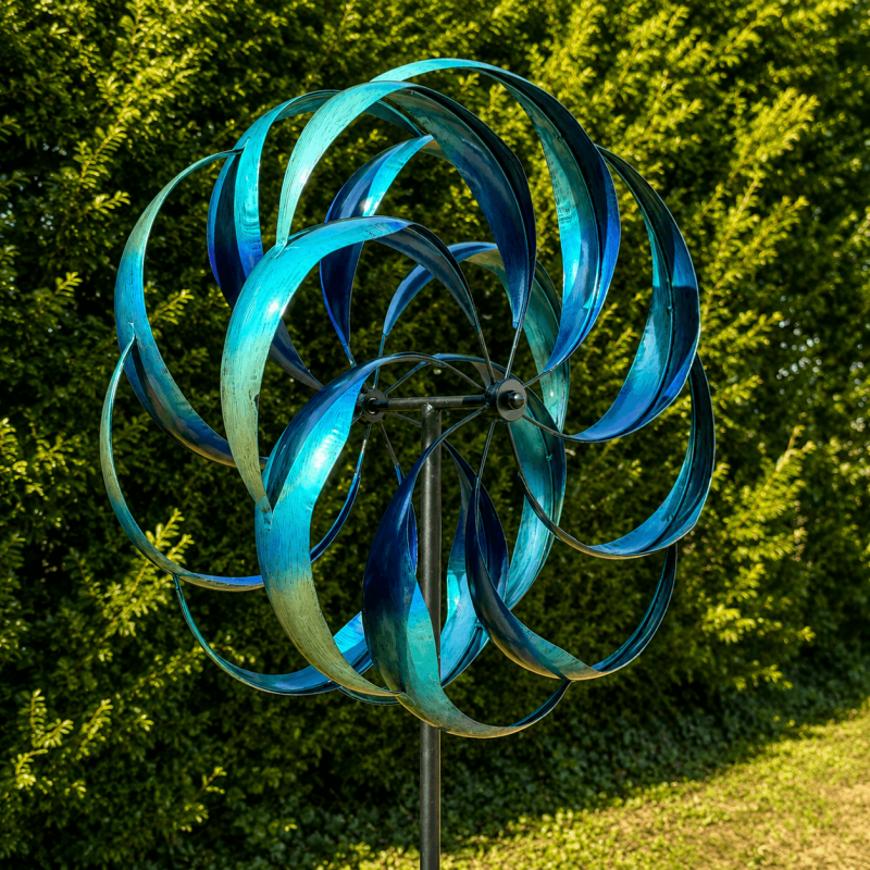 Geschwungene Metallbänder des blauen Gartenwindrades