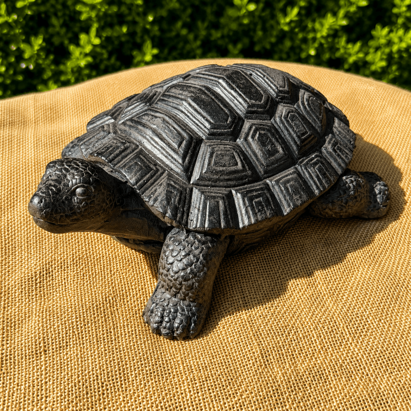 Seitenansicht der realistischen Schildkrötenfigur mit strukturiertem Panzer