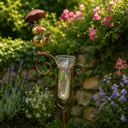Pluviomètre décoratif de jardin oiseau sous parapluie – Une touche colorée pour mesurer la pluie
