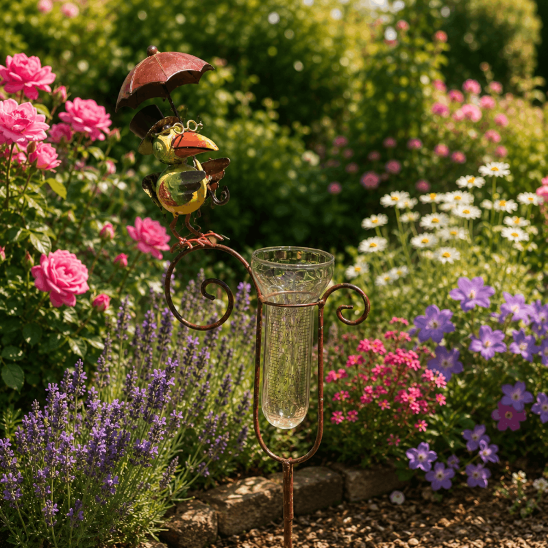 Gartenregenmesser mit farbenfrohem Vogel