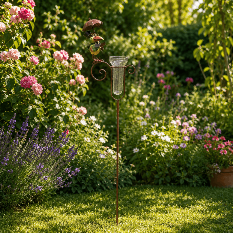 Regenmesser aus Metall als farbenfrohe Gartendekoration