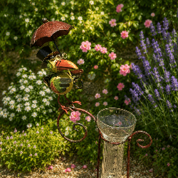 Dekorativer Regenmesser mit Vogel im Blumenbeet