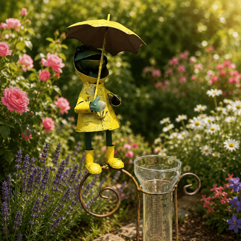 Dekorativer Regenmesser mit Frosch im Blumenbeet