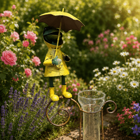 Dekorativer Regenmesser mit Frosch im Blumenbeet