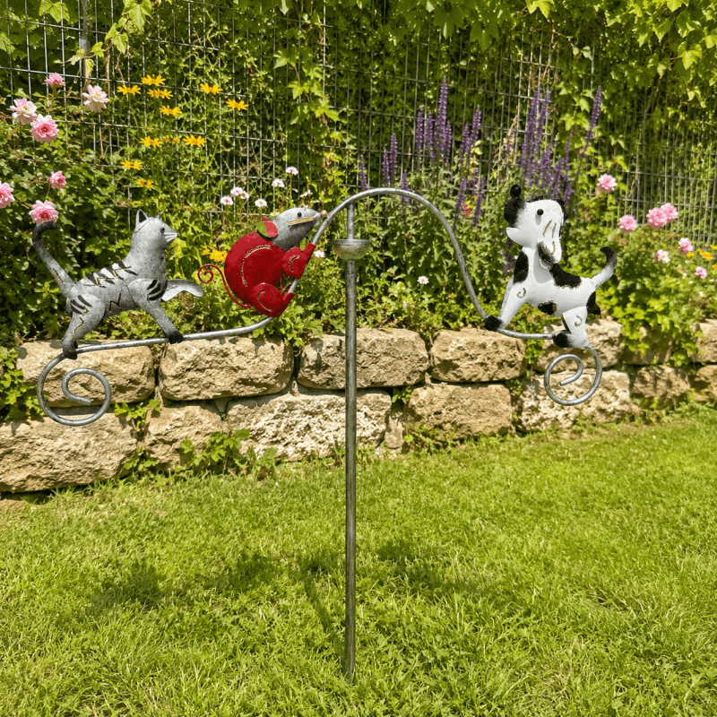 Mobile de jardin chat, souris et chien – Décoration à balancier en métal