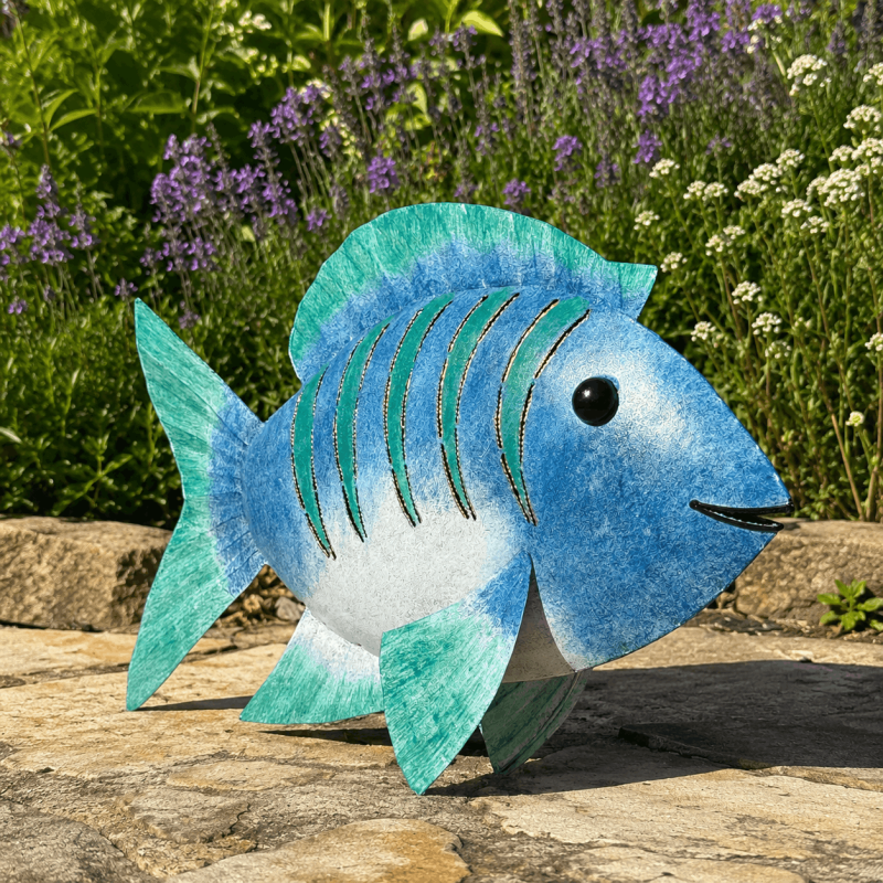 Blauer Deko-Fisch aus Metall mit türkisen Flossen im Garten