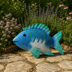 Seitenansicht der maritimen Fischfigur aus Metall in Blau und Wassergrün