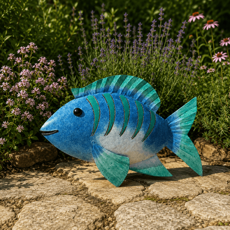Seitenansicht der maritimen Fischfigur aus Metall in Blau und Wassergrün
