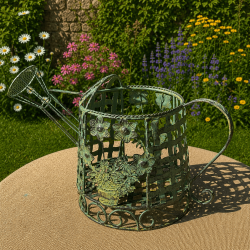 Gartendekoration in Gießkannenform mit Blumenmotiven