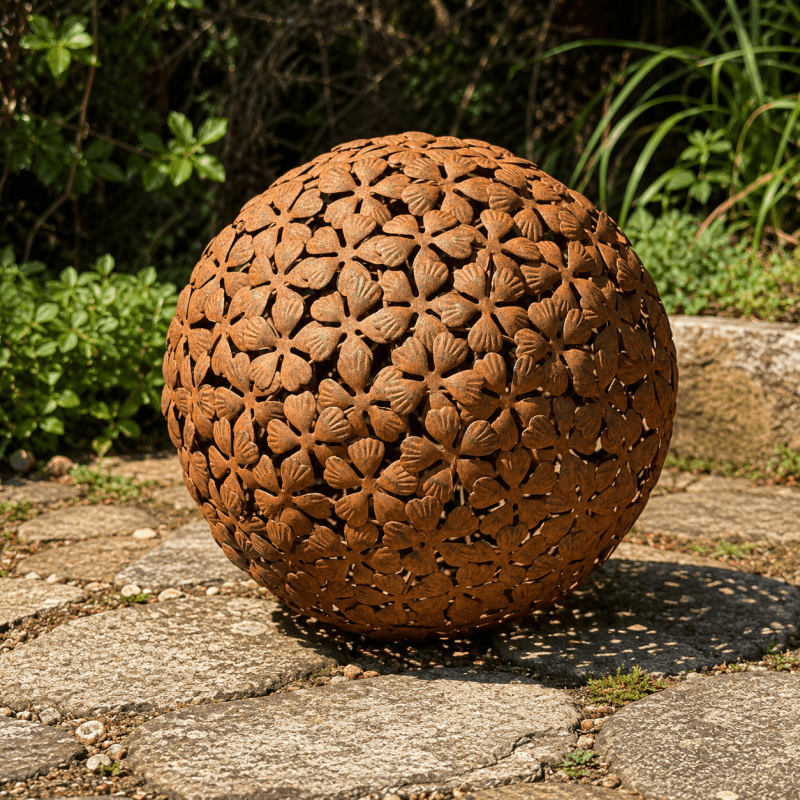 Gartenkugel aus Metall mit floralem Durchbruchmuster