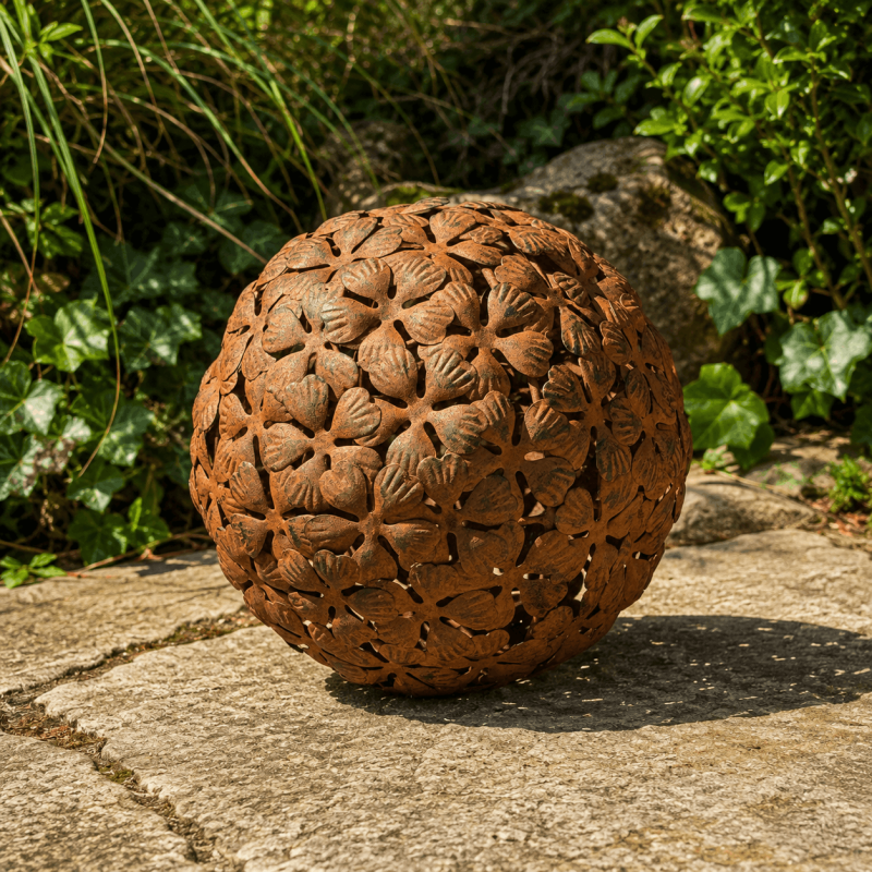 Gartenkugel aus Metall mit floralem Durchbruchmuster
