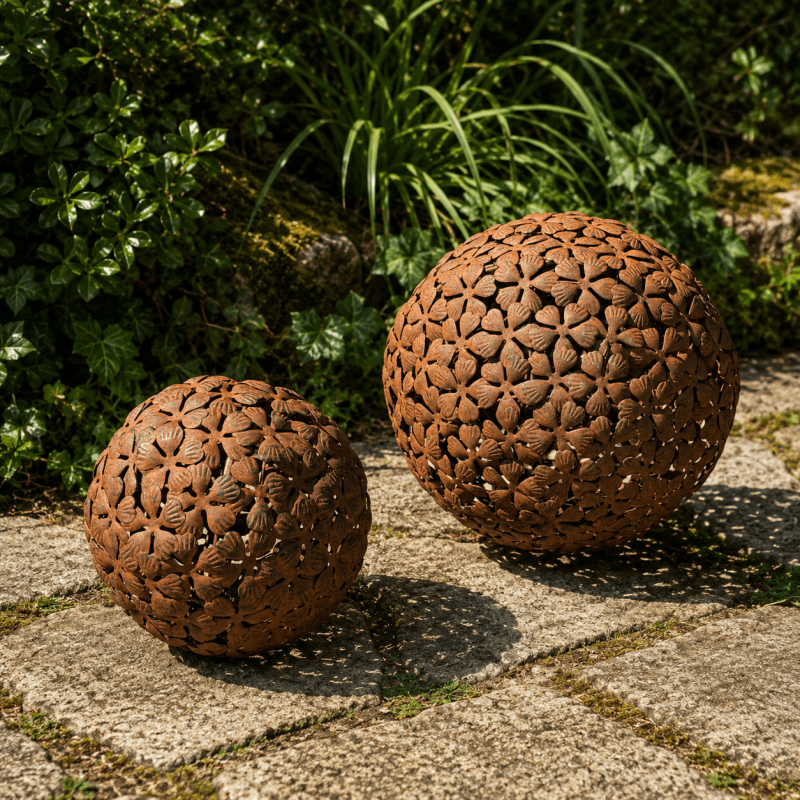 Rostbraune Gartenkugel aus Metall mit ausgeschnittenen Blumenmotiven für Beet und Terrasse