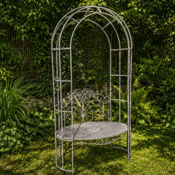 Gartenbank mit Rosenbogen aus grau patiniertem Metall