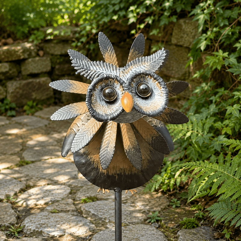 Eulen-Windrad aus Metall mit drehbarem Windrad