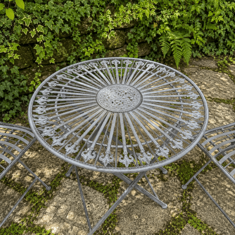 Runder Gartentisch mit dekorativem Gusseisenmedaillon