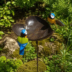 Vogelfutterstelle in Herzform mit zwei Meisen