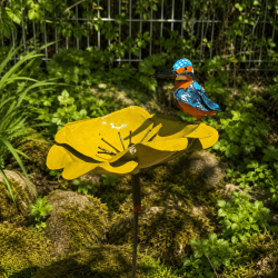 Gelbe Metallblume mit Vogel für den Garten – 110 cm