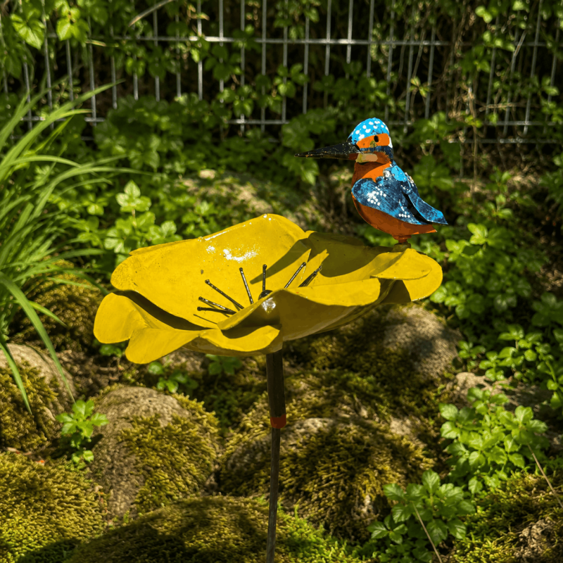 Gelbe Metallblume mit Vogel für den Garten – 110 cm