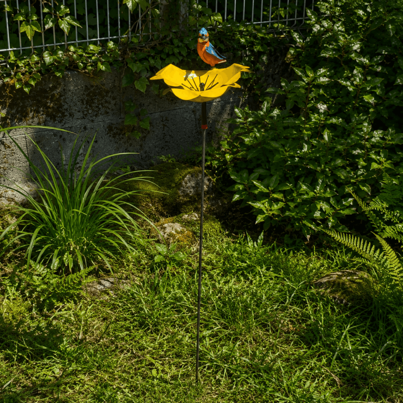 Gelbe Metallblume mit Vogel für den Garten – 110 cm
