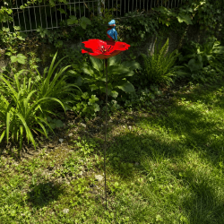 Fleur décorative de jardin en métal rouge avec oiseau bleu