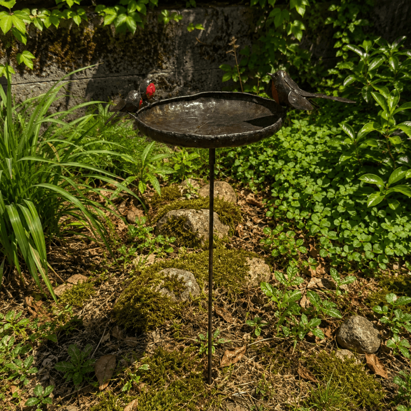 Bain d’oiseaux mangeoire en métal recyclé avec rouges-gorges