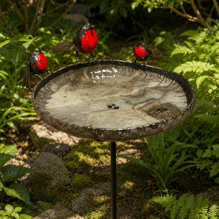 Vogelbad aus recyceltem Metall mit 3 Rotkehlchen – H 90 × L 39 cm