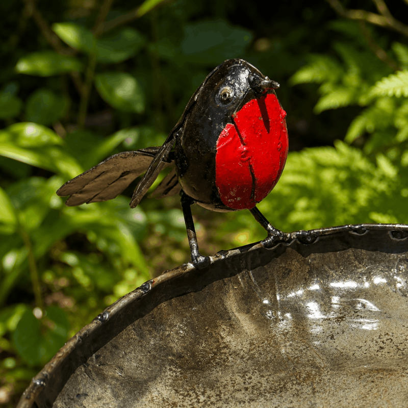 Handbemalte Rotkehlchen auf einer Vogeltränke