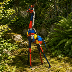 Nahaufnahme des Kopfes und der weißen Metallmähne der Giraffe