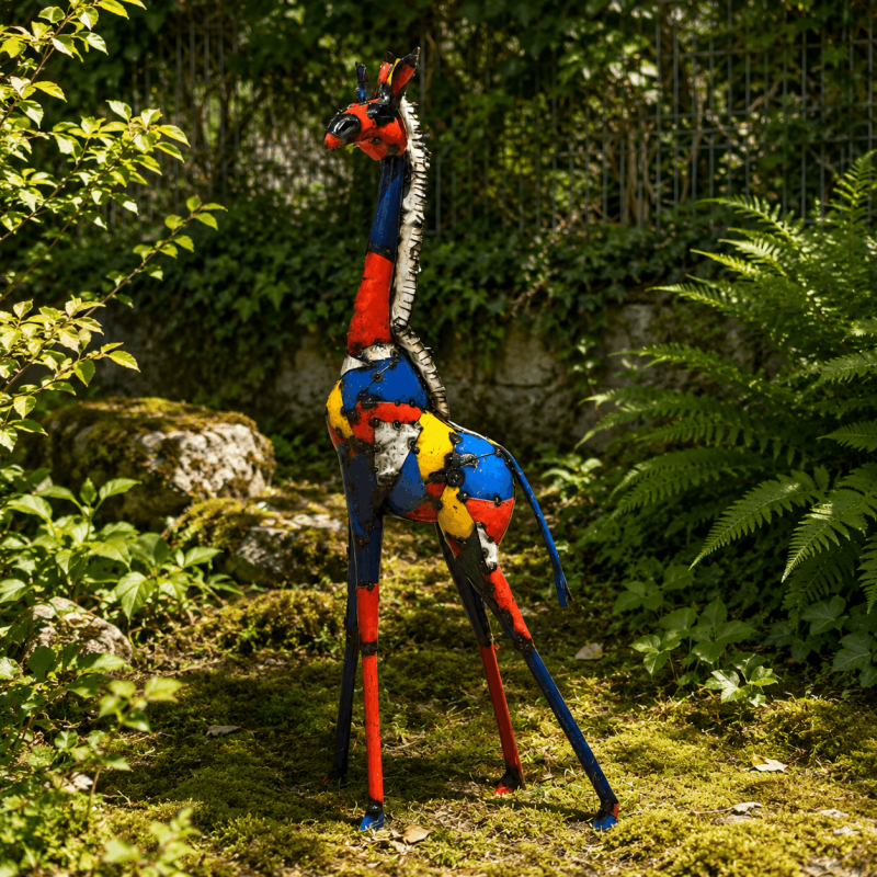 Nahaufnahme des Kopfes und der weißen Metallmähne der Giraffe