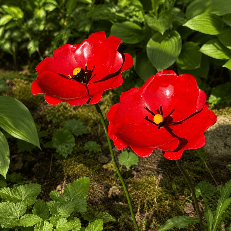 Rote Mohnblume aus Metall als dekorativer Gartenstecker