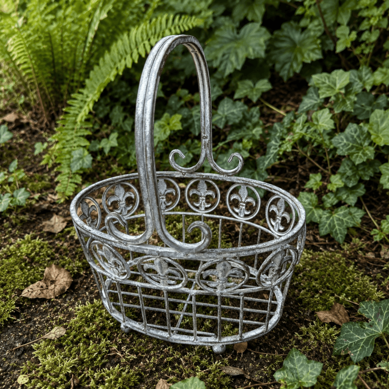 Ovaler Pflanzkorb aus Metall mit Lilienmotiven