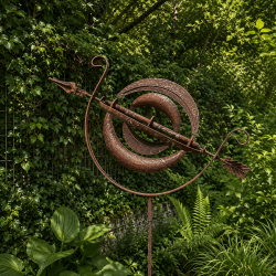 Dekoratives Gartenwindrad als Armillarsphäre aus Metall mit Rostfinish