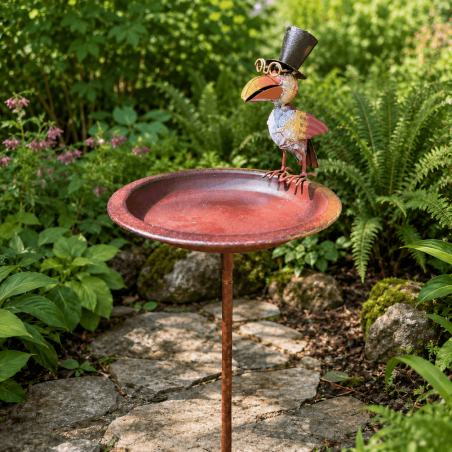 Vogelbad aus Metall mit Gentleman-Rabe – Vogelfutterstelle H 120 cm