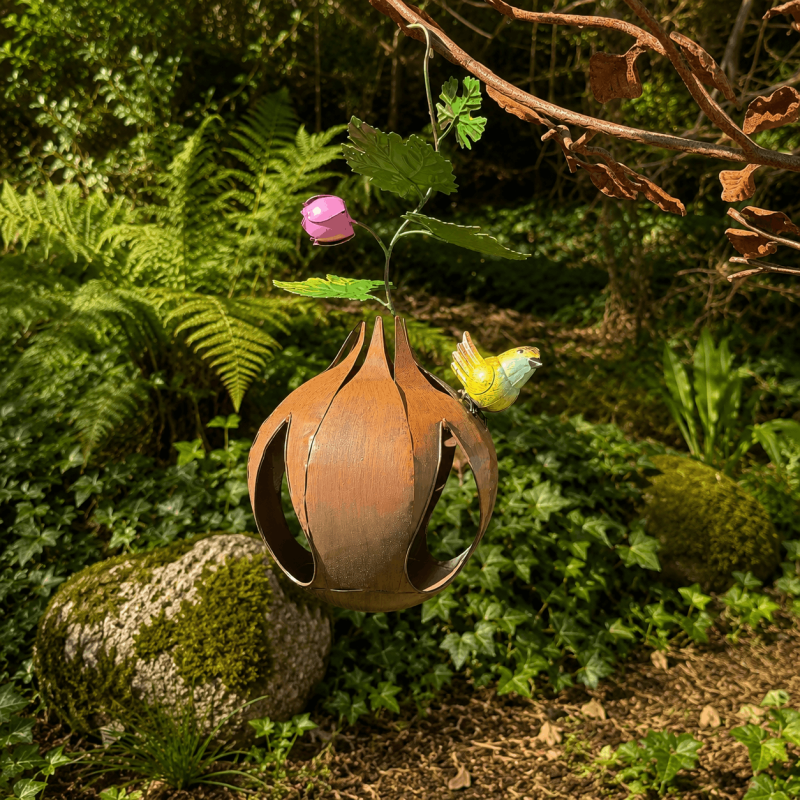 Vogelfutterhaus in Eichelform mit buntem Ziervogel im Garten