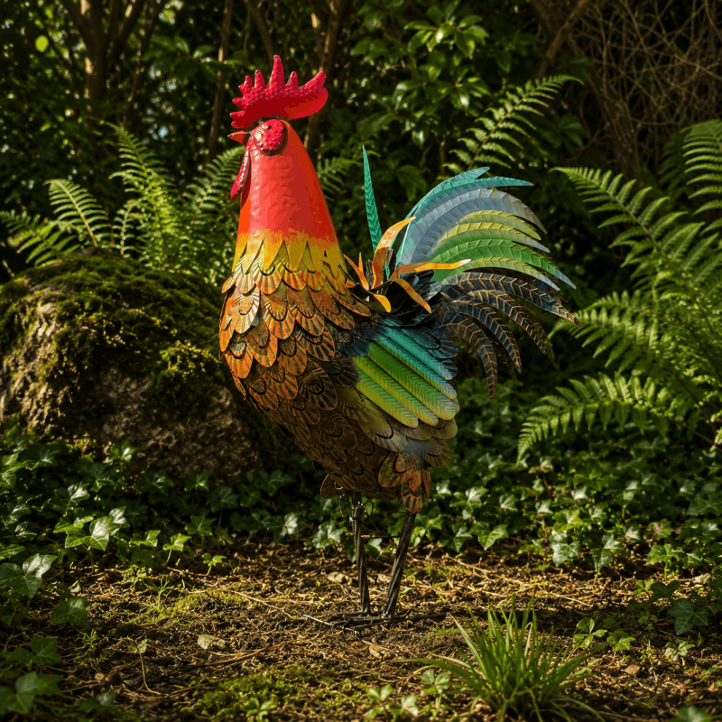 Großer Metallhahn mit bunten Flügeln zwischen grünen Gartenpflanzen